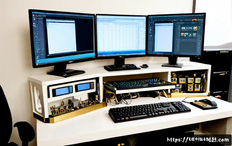 을지로 STATUS_FILE_WRITE_FAILURE - Photorealistic remote-support workstation in an Euljiro-style metalworking studio office, industrial...