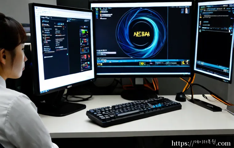명동 STATUS_KERNEL_BOOT_FAILURE - Photorealistic IT support workstation in a compact Myeongdong office, desktop monitor showing a dark...