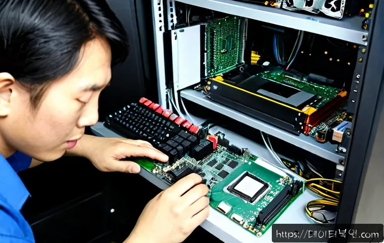 답십리동 그래픽카드조립 및 교체수리 - Photorealistic computer repair workstation in Dapsimni-dong, Seoul, technician carefully installing ...