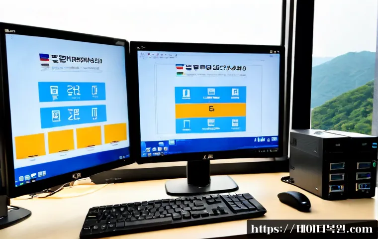망우동 IO_DEVICE_ERROR - Photorealistic IT support workstation in Mangwoo-dong, Seoul, dual monitors showing a blank CAD-styl...