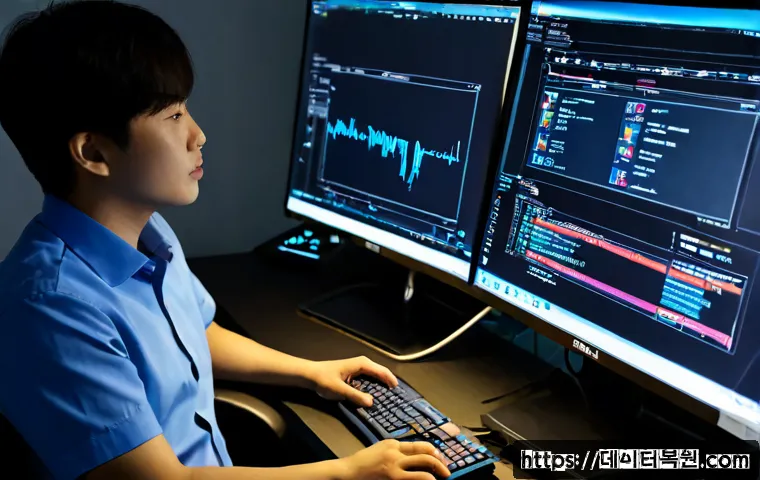 도선동 부팅불가 - Photorealistic remote IT support workstation in Doseon-dong, Seoul, a desktop PC paused at a dark bo...