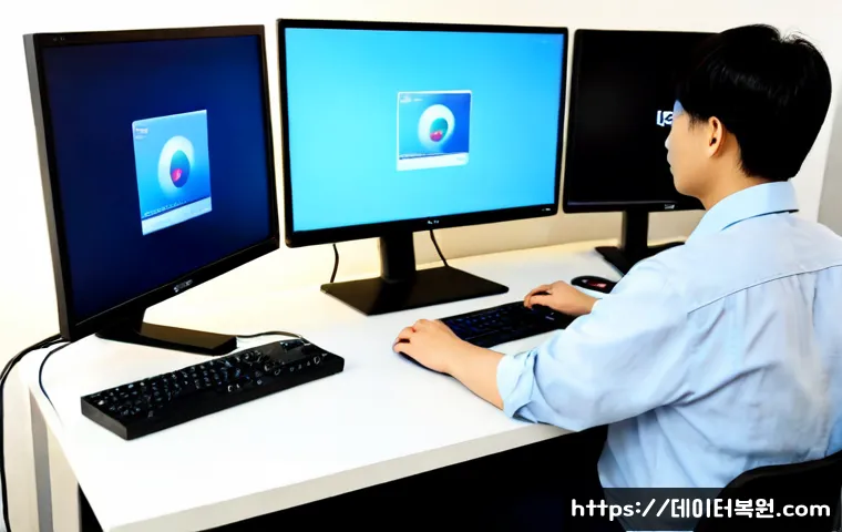 봉원동 STATUS_KERNEL_MODE_EXCEPTION - Photorealistic remote IT support workstation in a quiet Bongwon-dong apartment, dual monitors showin...