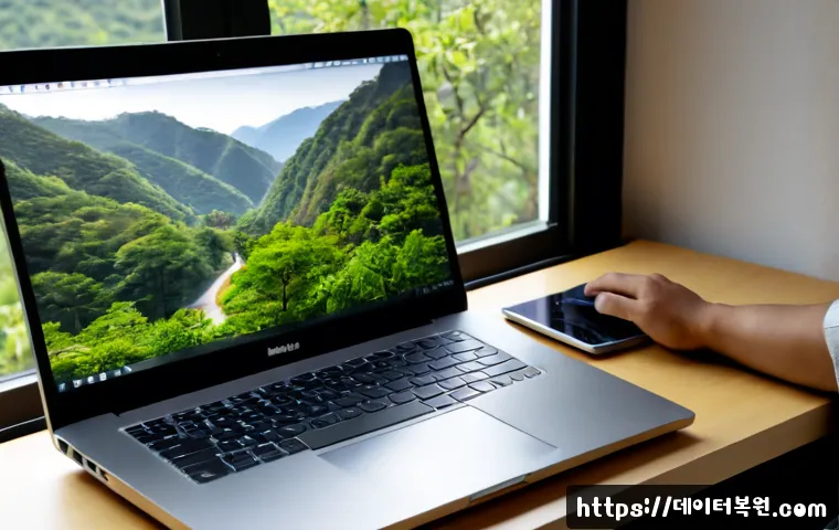진관동 macosX재설치 포맷  초기화 - Photorealistic remote-support workstation in Jingwan-dong, a sleek unbranded silver laptop undergoin...