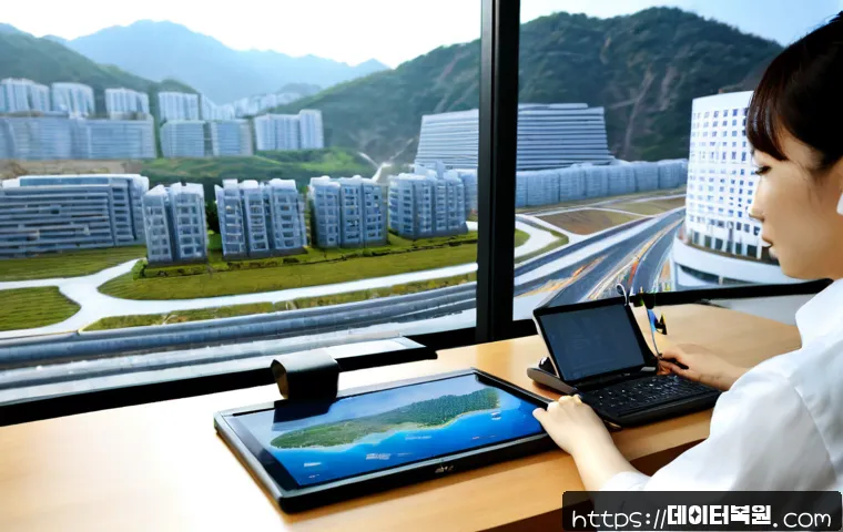 대장동 STATUS_PRIVILEGED_INSTRUCTION - Photorealistic urban-planning workstation in a modern Korean office, dual monitors showing unlabeled...