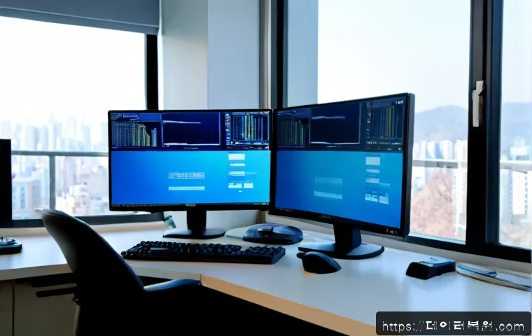 관산동 STATUS_KERNEL_THREAD_FAILURE - Photorealistic IT support workstation in a quiet Gwan-san neighborhood office, dual monitors showing...