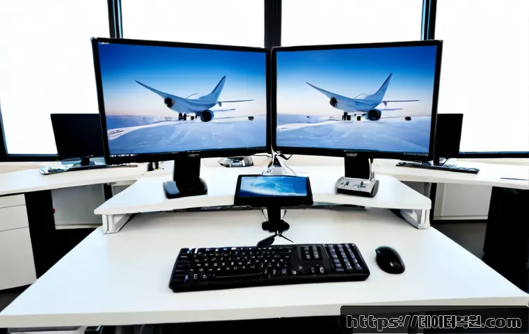 공항동 WATCHDOG_VIOLATION - Photorealistic IT support workstation in a compact office near an airport district, dual monitors sh...