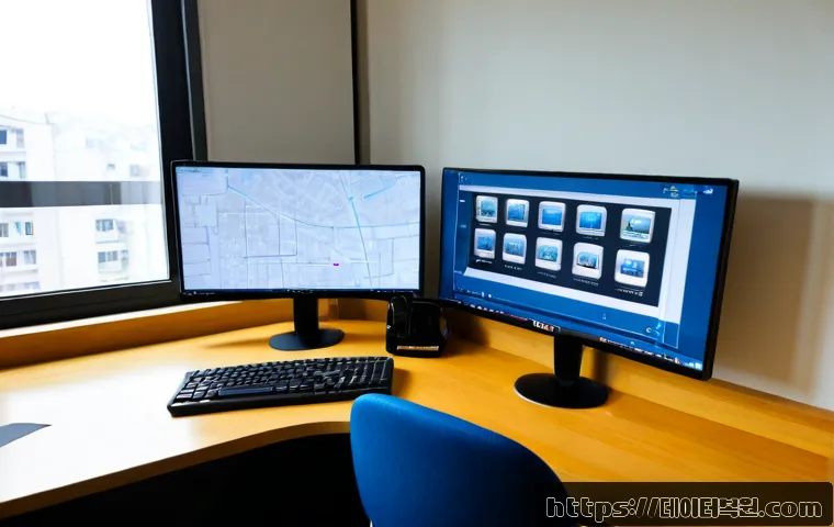 본동 STATUS_IMAGE_NOT_FOUND - Photorealistic remote-support workstation in a compact Bon-dong apartment office, dual monitors show...
