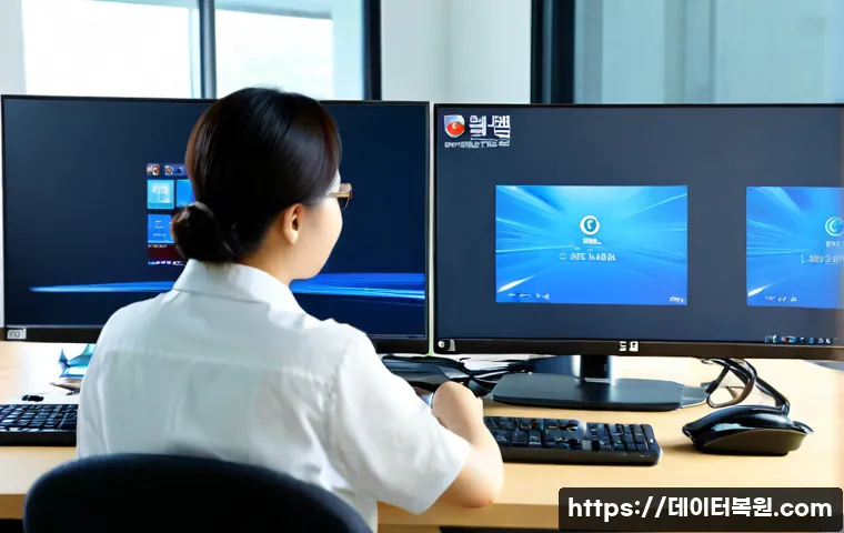 곤지암 SYSTEM_SERVICE_EXCEPTION - Photorealistic IT support workstation in a quiet Gonjian industrial office, dual monitors showing a ...