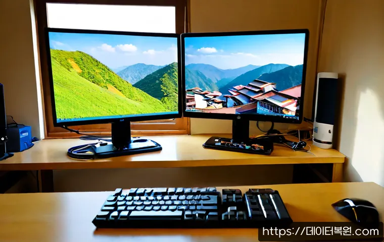 옥인동 SESSION_HAS_NO_PAGEFILE - Photorealistic compact PC repair workstation in a quiet Ogin-dong hillside apartment, dual monitors ...
