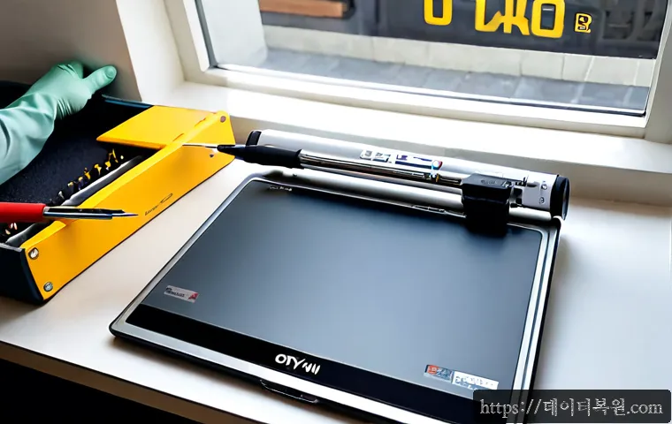 오륜동 맥북에어 판매 및 수리 - Photorealistic electronics service counter in Oryun-dong, a slim silver ultraportable laptop opened ...