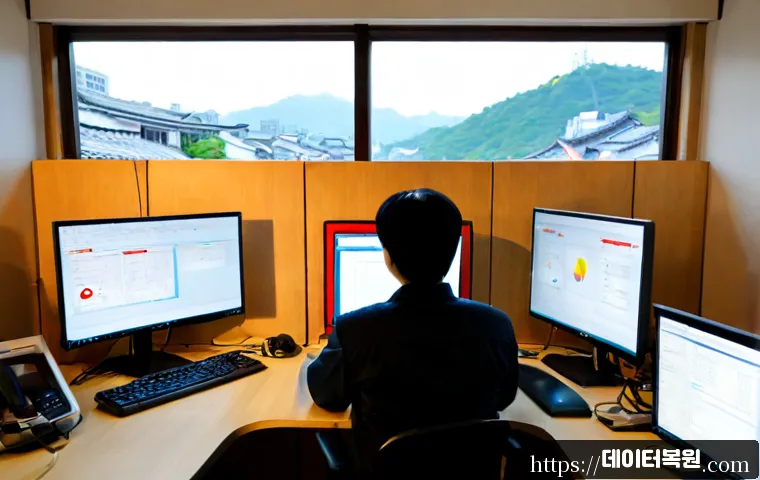 교남동 STATUS_PROTECTION_ERROR - Photorealistic IT support workstation in a compact historic Seoul neighborhood office, dual monitors...