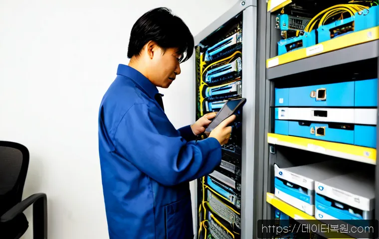 주교동 server출장방문수리점 - Photorealistic onsite server repair inside a compact commercial office near an older Seoul market di...