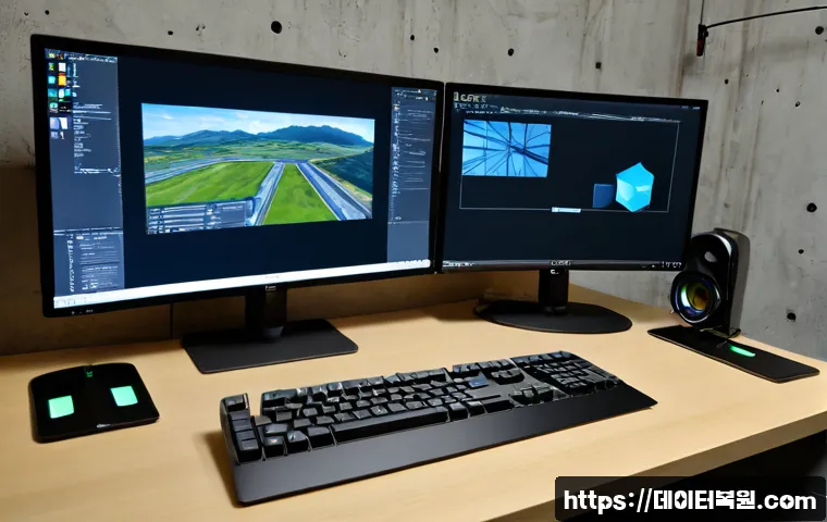 합정동 VIDEO_TDR_FAILURE - Photorealistic remote-support workstation in a compact Hapjeong-dong studio office, dual monitors sh...