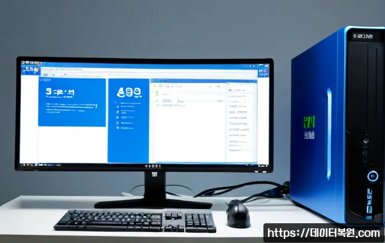 과천시 NTFS_FILE_SYSTEM - Photorealistic IT support workstation in Gwacheon, dual monitors showing a nonverbal blue system rec...