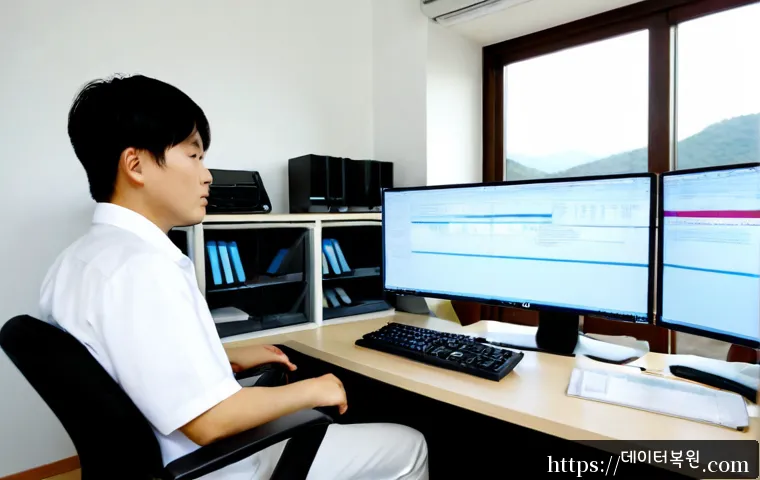 퇴촌면 FAT_FILE_SYSTEM - Photorealistic remote IT support workstation in a quiet semi-rural Korean office, dual monitors show...