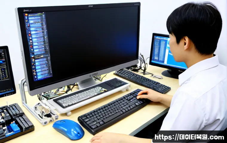 대치동 블루스크린 - Photorealistic IT support workstation in Daechi-dong, Seoul, dual-monitor desktop showing a blank bl...