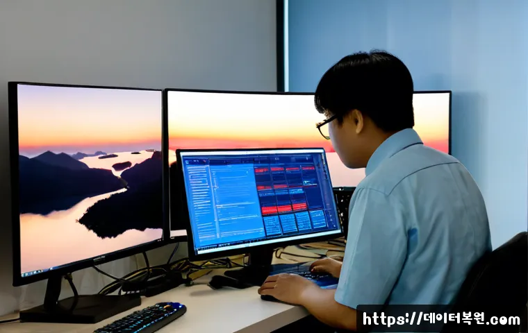 석촌동 STATUS_KERNEL_STACK_CORRUPTION - Photorealistic remote IT support workstation in a compact Seoul apartment office near a quiet lakesi...