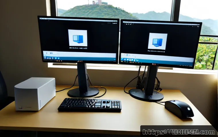 동빙고동 STATUS_DEVICE_OFFLINE - Photorealistic IT support workstation in a quiet Dongbinggo-dong apartment office, dual monitors sho...