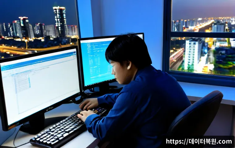 방이동 SYSTEM_SERVICE_EXCEPTION - Photorealistic IT support workstation in a modern Bangi-dong apartment office, desktop monitor showi...