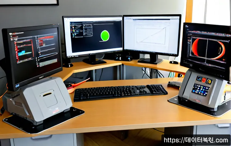 용산동 STATUS_INVALID_PARAMETER - Photorealistic IT support workstation in a compact Yongsan-dong office, dual monitors showing a clea...