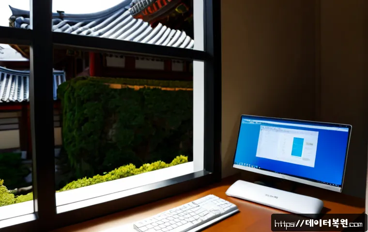 권농동 STATUS_IMAGE_CHECKSUM_MISMATCH - Photorealistic IT support workstation in a compact Korean office near a traditional tiled-roof court...