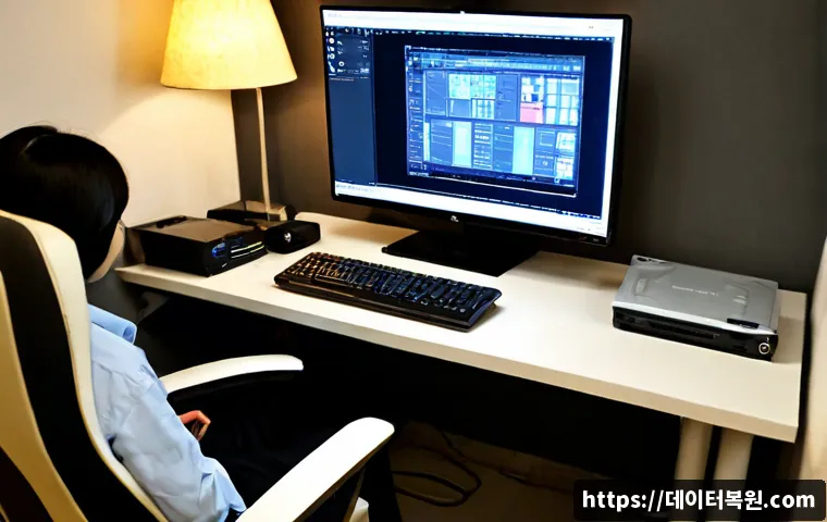 회기동 부팅불가 - Photorealistic remote computer support scene in a compact Hoegi-dong apartment workspace, desktop PC...