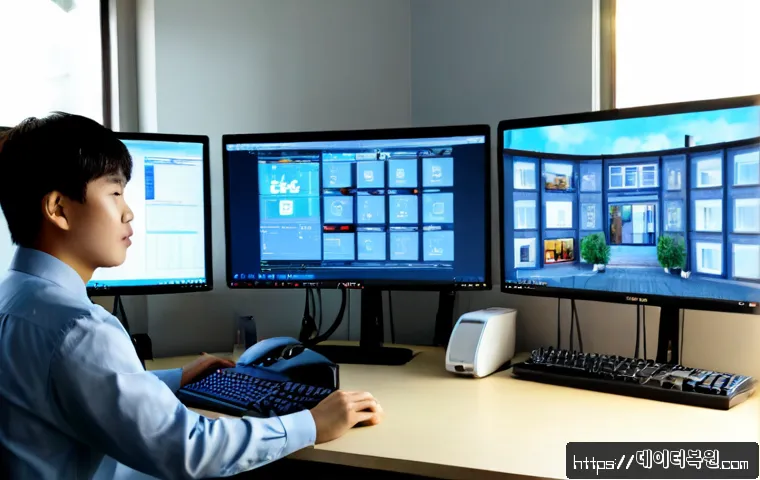 권농동 블루스크린 - Photorealistic remote IT support scene in a quiet Korean office near a traditional tiled-roof neighb...