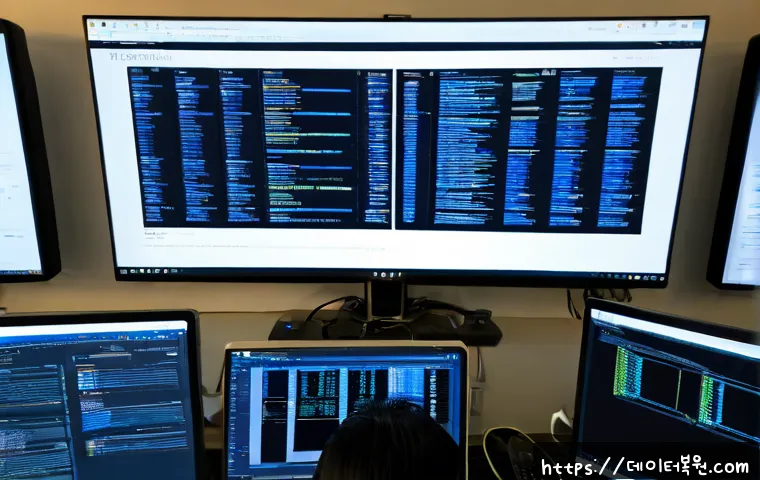 청진동 POOL_HEADER_CORRUPTION - Photorealistic IT support workstation in a compact Cheongjin-dong office, dual monitors showing a co...