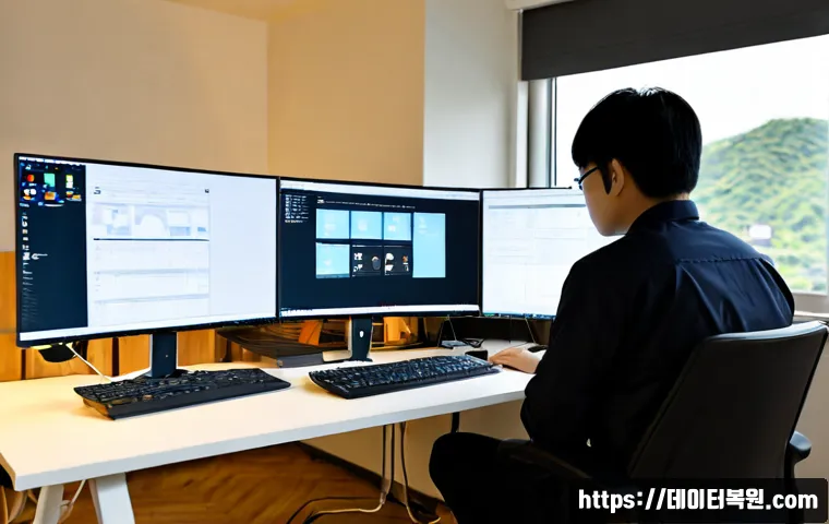 도원동 STATUS_MODULE_CORRUPTION - Photorealistic remote-support workstation in a compact Korean hillside apartment office, dual monito...