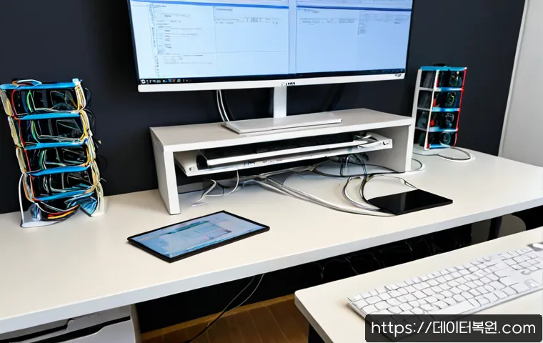 별양동 STATUS_UNSUCCESSFUL - Photorealistic IT support workstation in a modern apartment office near a quiet Korean suburban park...