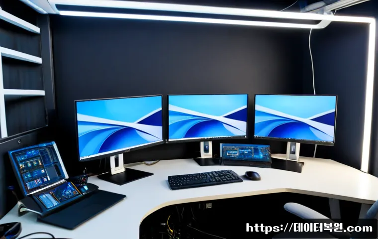 홍익동 KERNEL_DATA_INPAGE_ERROR - Photorealistic IT support workstation in a compact Hongik-dong creative studio, dual monitors showin...