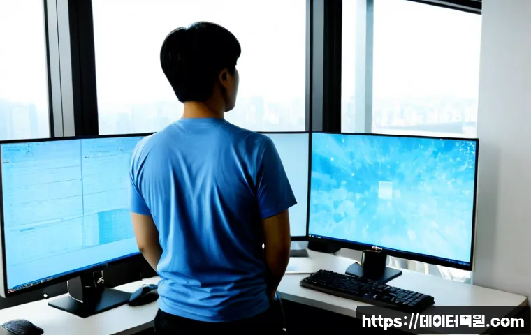 서초구 BAD_POOL_CALLER - Photorealistic IT support workstation in a refined Seocho office tower, dual monitors showing a froz...