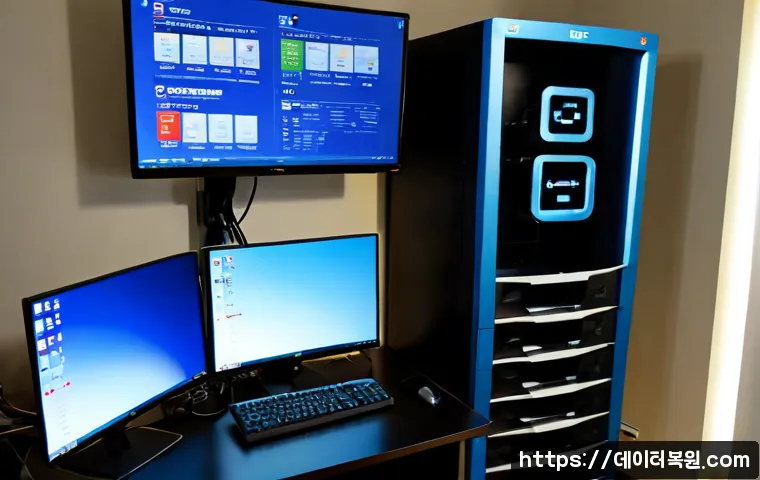 덕이동 HAL_INITIALIZATION_FAILED - Photorealistic desktop support workstation in Deogi-dong, dual monitors showing a blank blue system ...