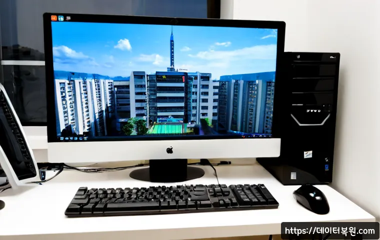 상봉동 all boot options are tried - Photorealistic IT support workstation in Sangbong-dong, Seoul, desktop monitor showing a blank boot ...