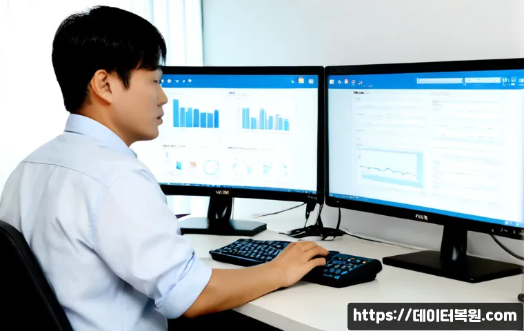 곤지암 DRIVER_IRQL_NOT_LESS_OR_EQUAL - Photorealistic remote IT support workstation in Gonjiam, dual monitors showing a blank blue system c...