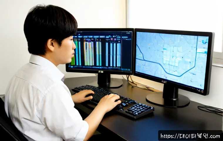 명동 ATTEMPTED_EXECUTE_OF_NOEXECUTE_MEMORY - Photorealistic IT support workstation in a compact Myeongdong office, dual monitors showing abstract...