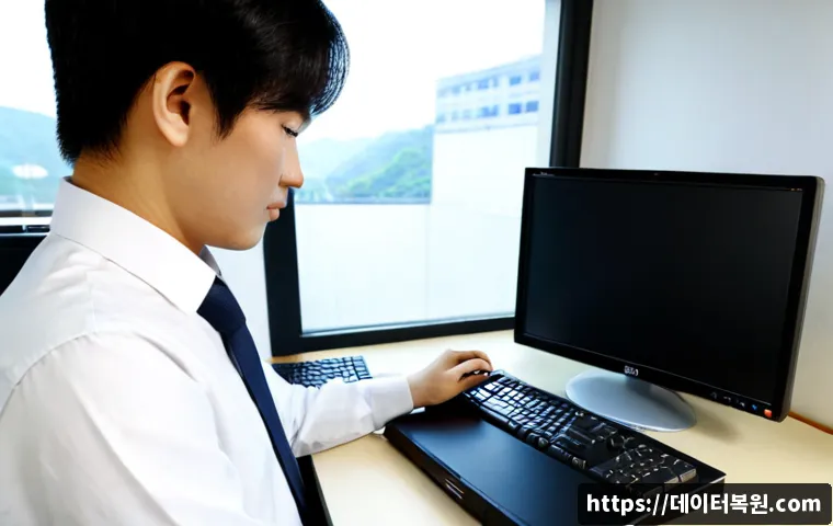 행신동 CDFS_FILE_SYSTEM - Photorealistic IT workstation in a quiet Haengsin-dong apartment office, technician reviewing a disc...
