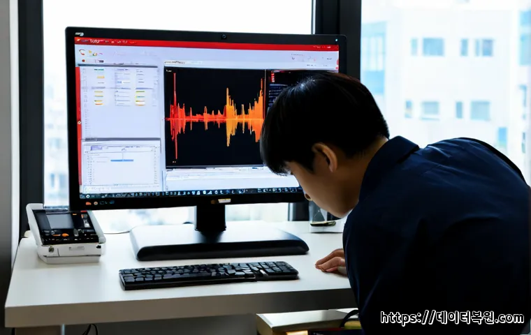 신월동 STATUS_STACK_OVERFLOW - Photorealistic IT support workstation in a compact apartment office, dual monitors displaying a dens...