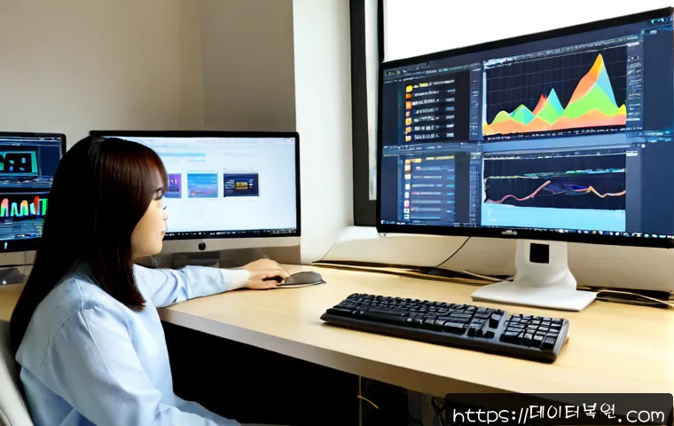보문동 STATUS_KERNEL_MEMORY_LEAK - Photorealistic IT support workstation in a compact Bomun-dong office, dual monitors showing abstract...