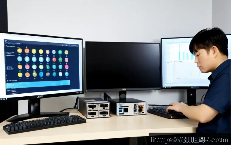 수색동 나스 nas 설정및수리 - Photorealistic IT technician configuring a compact four-bay NAS on a tidy desktop workstation, dual ...