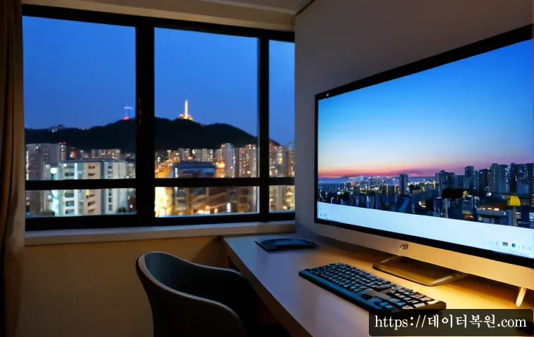 풍산동 절전모드 - Photorealistic modern workstation in a quiet Pungsan-dong apartment study at blue hour, widescreen m...