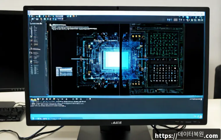 도봉구 STATUS_KERNEL_MODULE_CORRUPTION - Photorealistic IT support workstation in a quiet Dobong-gu office, dual monitors showing abstract co...