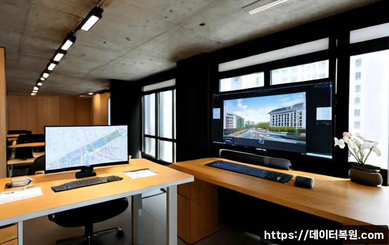 세종로 STATUS_IMAGE_NOT_FOUND - Photorealistic architectural visualization workstation in a bright Seoul office near a broad histori...