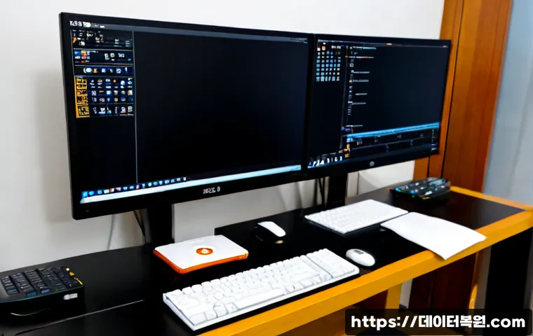 신교동 STATUS_SYSTEM_LICENSE_INVALID - Photorealistic remote-support workstation in a compact Seoul apartment near Seongyo-dong, dual monit...