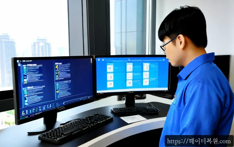 백석동 IRQL_NOT_LESS_OR_EQUAL - Photorealistic IT support workstation in a modern Baekseok-dong apartment office, dual monitors with...