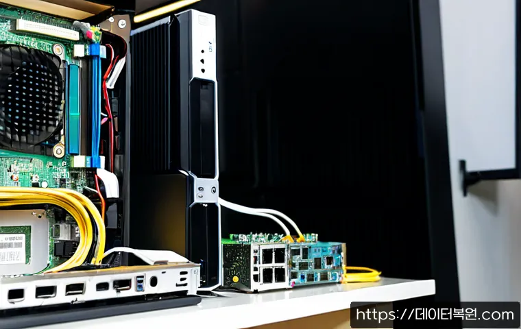수유동 하드조립 및 교체수리 - Photorealistic computer repair workstation in a compact Suyu-dong electronics shop, technician assem...