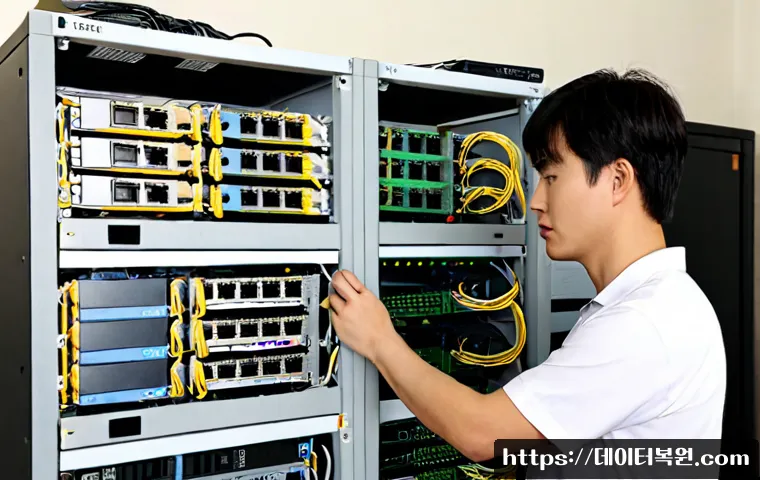 누상동 네트워크구축 설정 및 세팅오류해결 - Photorealistic IT technician configuring a compact network rack in a quiet hillside apartment office...