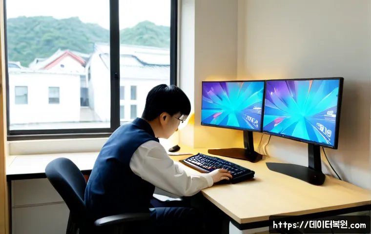 삼각동 STATUS_MODULE_CORRUPTION - Photorealistic IT support workstation in a compact Samgak-dong office, dual monitors showing a corru...