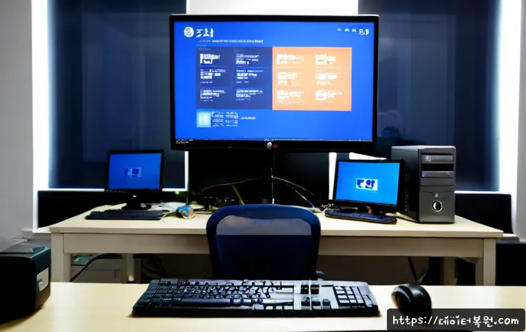 신월동 pc에 문제가 발생하여 다시 시작해야 합니다 - Photorealistic PC repair workstation in a compact Sinwol-dong apartment office, dual monitors showin...
