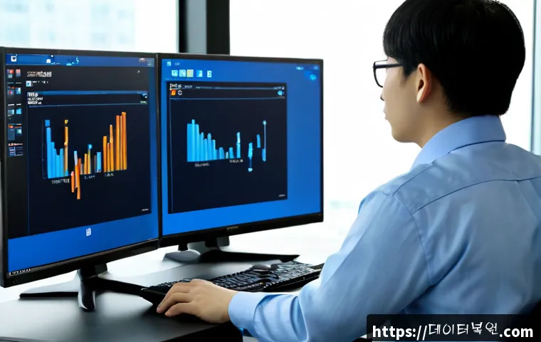 장항동 SYSTEM_SERVICE_EXCEPTION - Photorealistic remote IT support workstation in a modern Janghang-dong office, dual monitors showing...